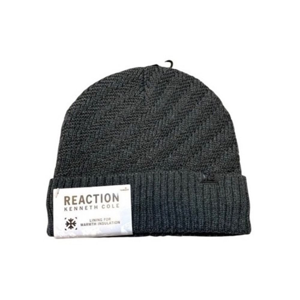 Kenneth Cole Reaction Charcoal Lined Herringbone Knit Beanie Unisex NWT